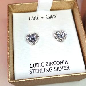 🆕️Sterling Silver Cubic Zirconia Heart Stud Earrings by Lake + Gray NWT